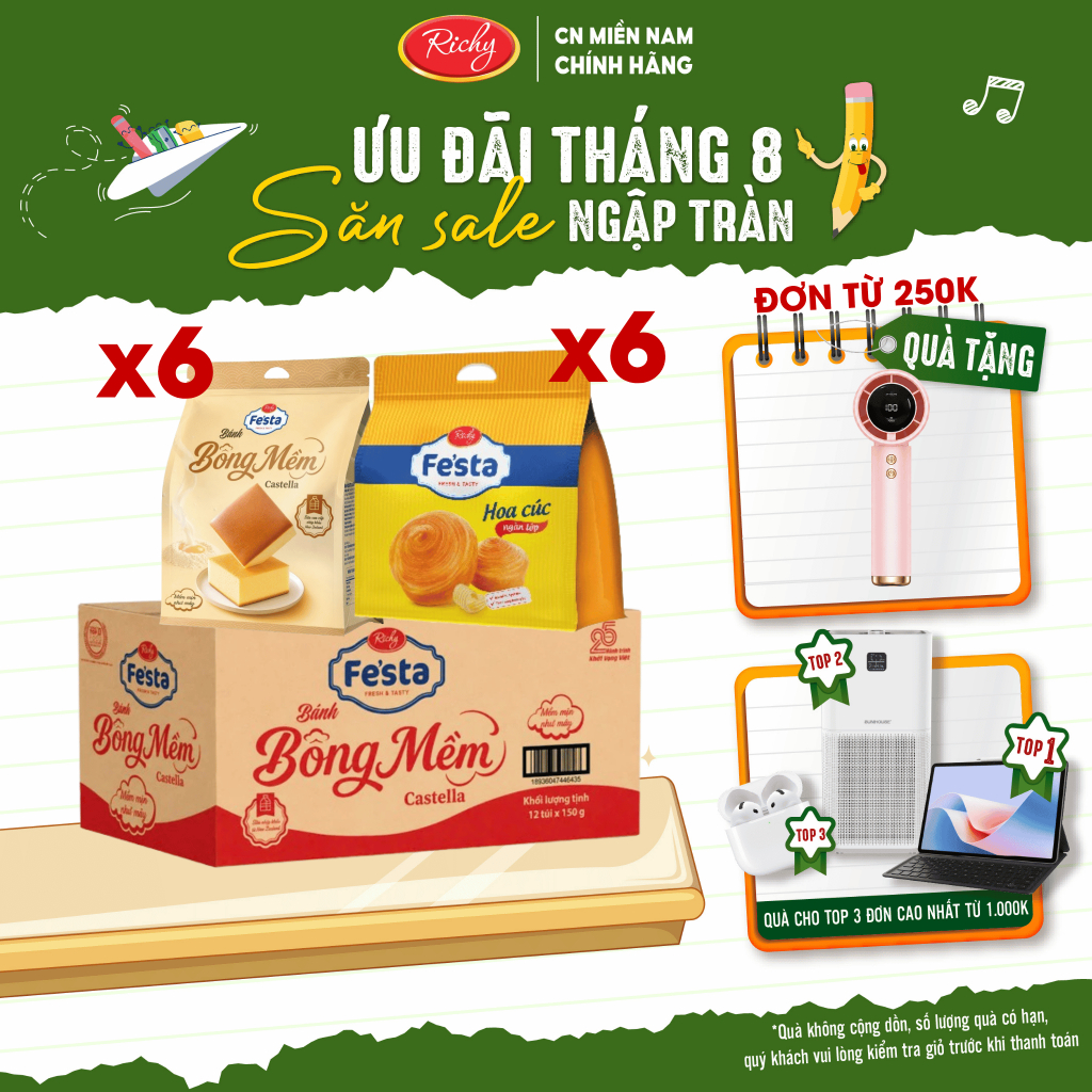[TẶNG QUẠT ĐƠN TỪ 250K] Thùng 36 Bánh Festa Hoa Cúc & Castella Richy - Combo Bánh Mềm Ăn Sáng Tiện L