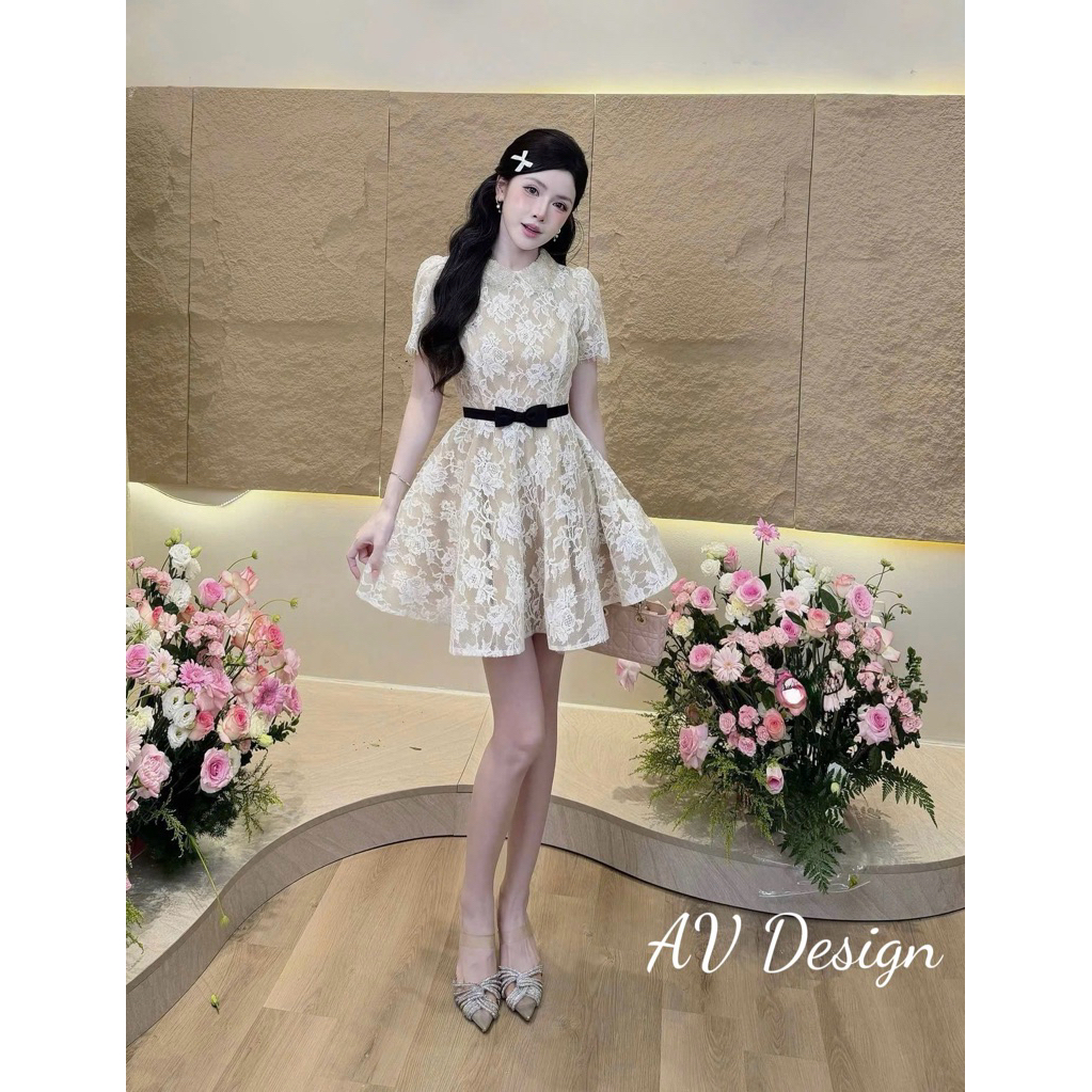 Váy nữ Đầm dự tiệc Ren Hoa Cổ Viền Ngọc Cánh Sen Siêu Sang Chuẩn Form 3 Lớp By AV Design
