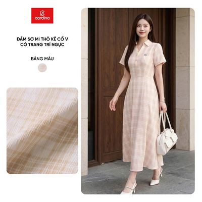 Đầm sơ mi nữ CARDINA chất liệu thô kẻ cổ V có trang trí ngực 6VXD08
