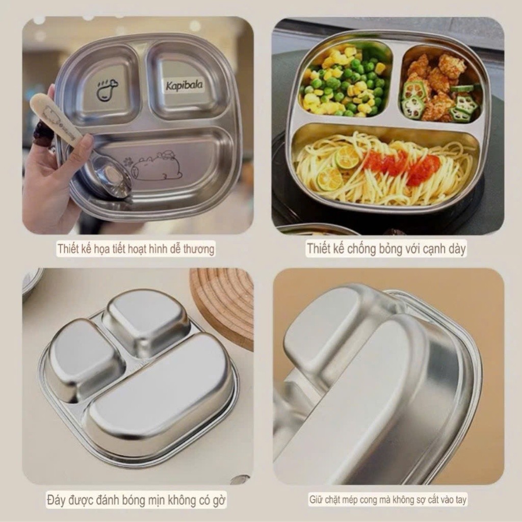 Đĩa ăn Cho Bé (mẫu mới) - Khay ăn dặm INox Kapibala 304 kèm thìa cho trẻ em bằng thép không gỉ