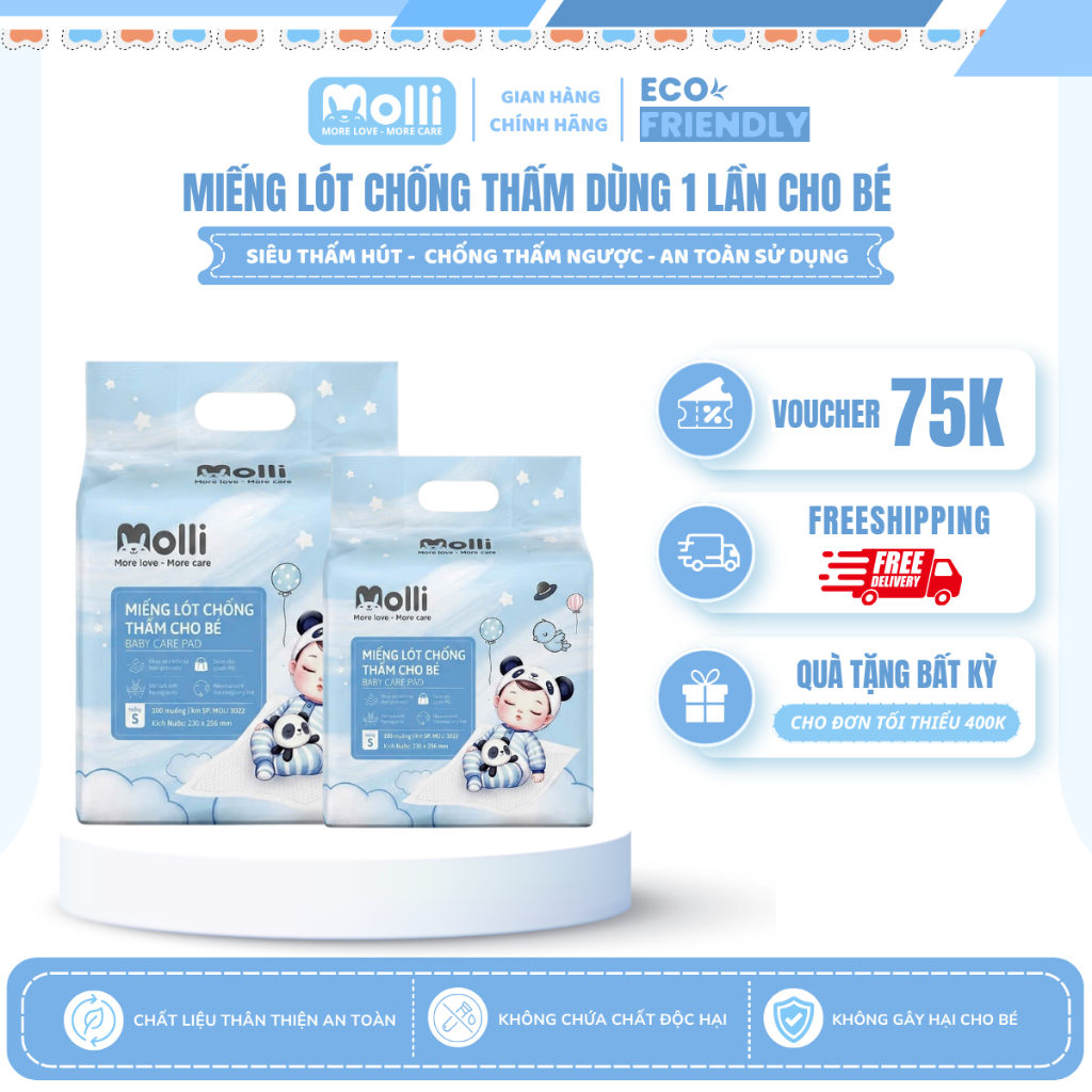 Tấm Lót Chống Thấm Dùng Một Lần Molli Cho Bé ( Size S 100 miếng , M 60 miếng , Size L 35 miếng - MOL3019-3020-3023 )