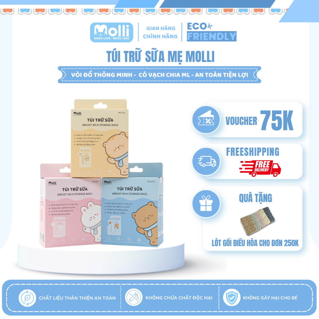 Túi Trữ Sữa Mẹ Molli, 30PCS/Hộp,, Khóa Zip Đôi, Không Chứa BPA, Thiết Kế Vòi Đổ Thông Minh -