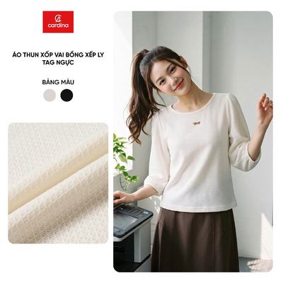 Áo thun nữ CARDINA chất liệu linen thun xốp vai bồng xếp lý tag ngực 6AKL01