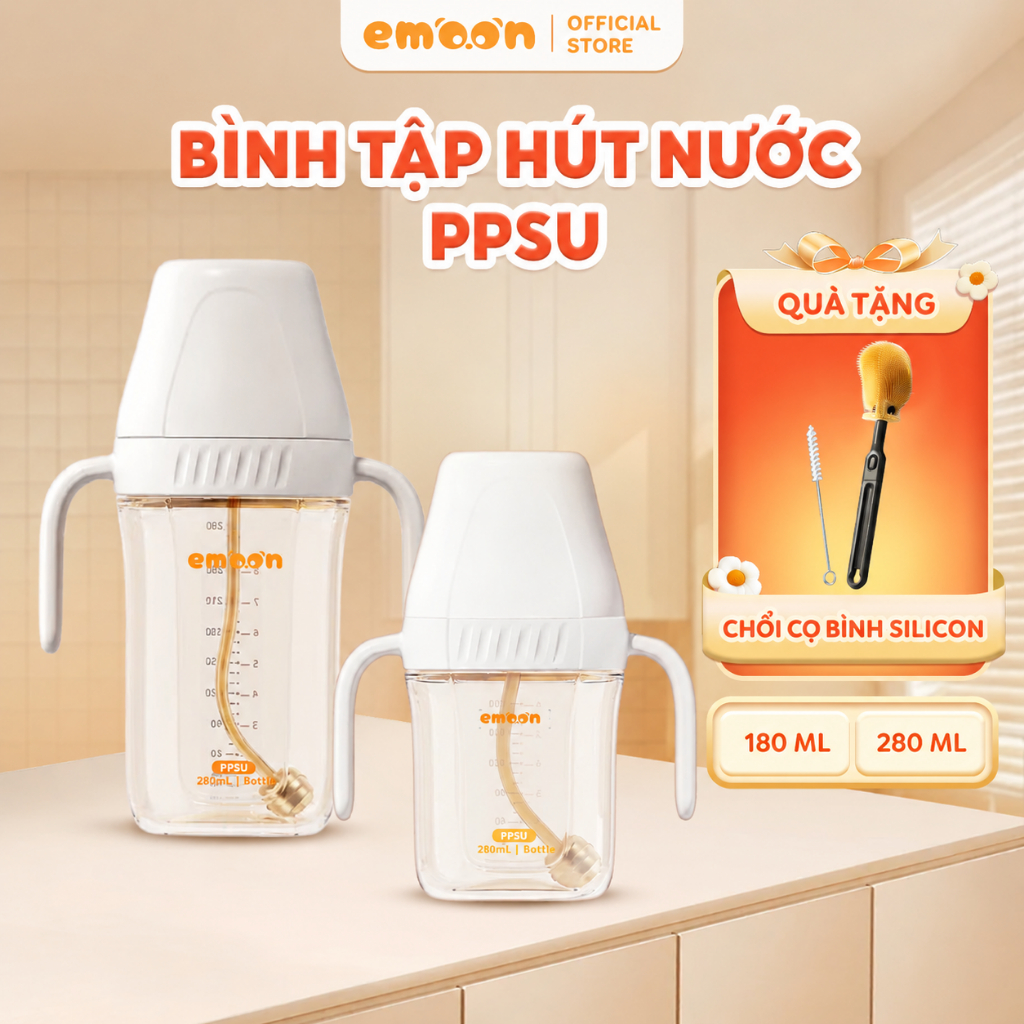 Bình tập uống nước cho bé Emoon chất liệu PPSU cao cấp, có van chống sặc cho…
