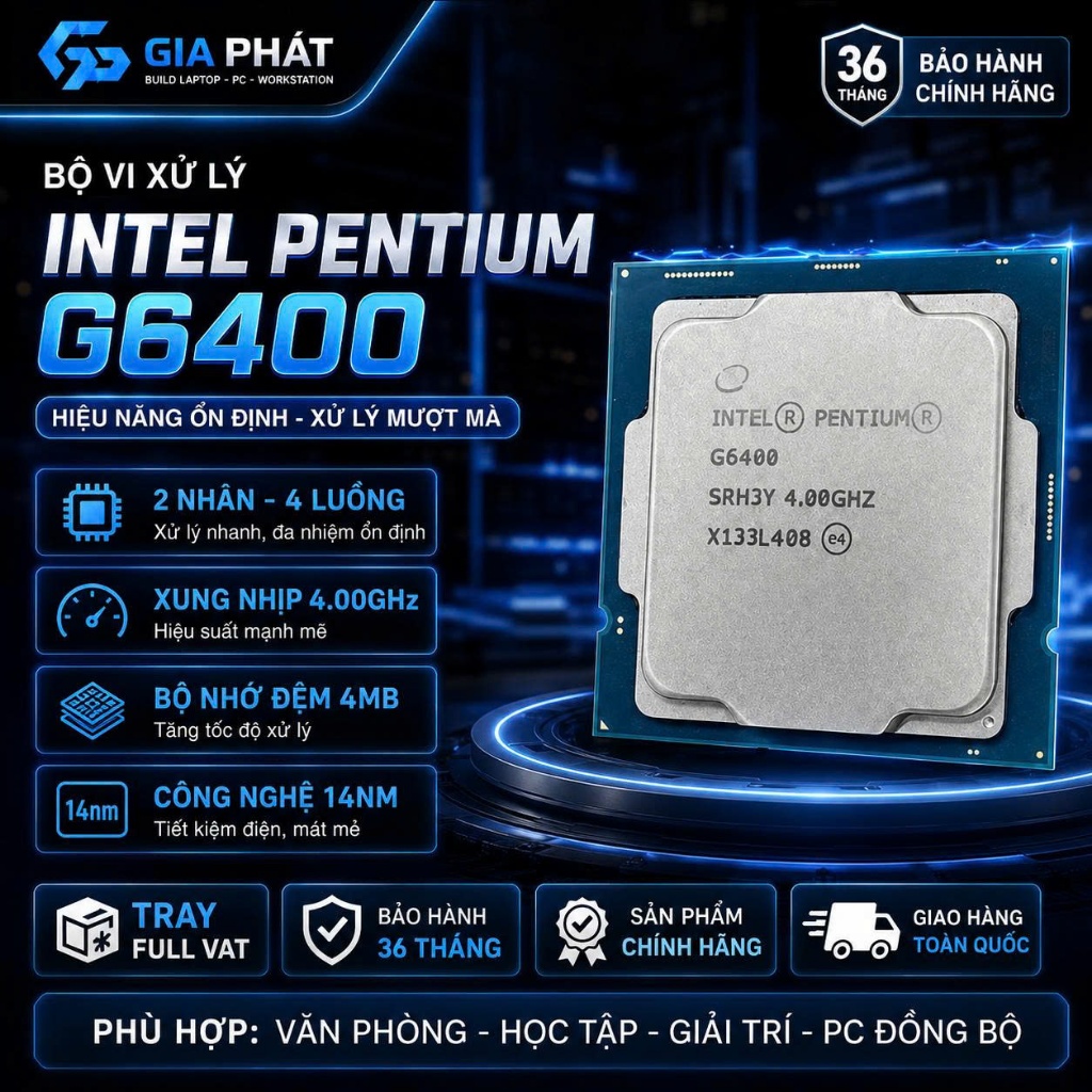 CPU Bộ vi xử lý Intel Pentium G6400 (4.00GHz, 4M, 2 Cores 4 Threads) - Tray FULL VAT - Bảo hành 36T