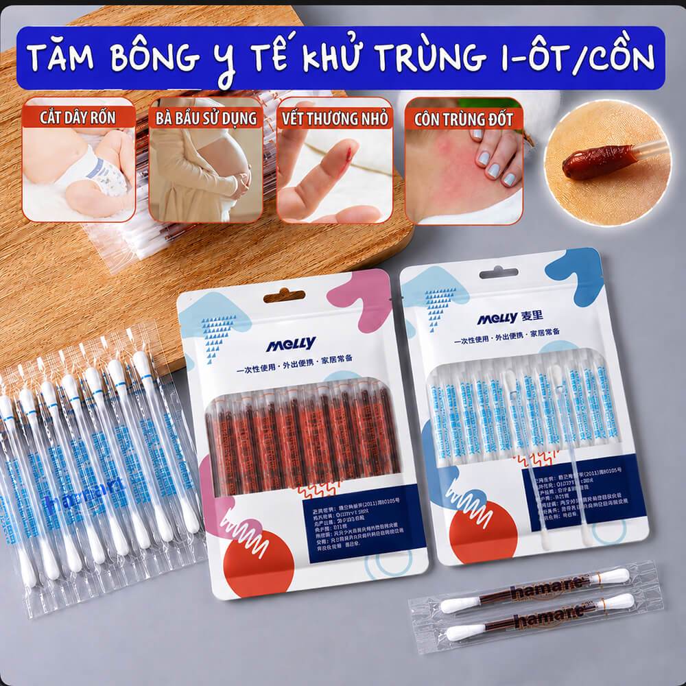 SET 10 Tăm bông Cồn Y Tế Iot Đỏ Khử Trùng Dùng 1 Lần Iodine Sát Khuẩn Vết Thương Tiện Lợi