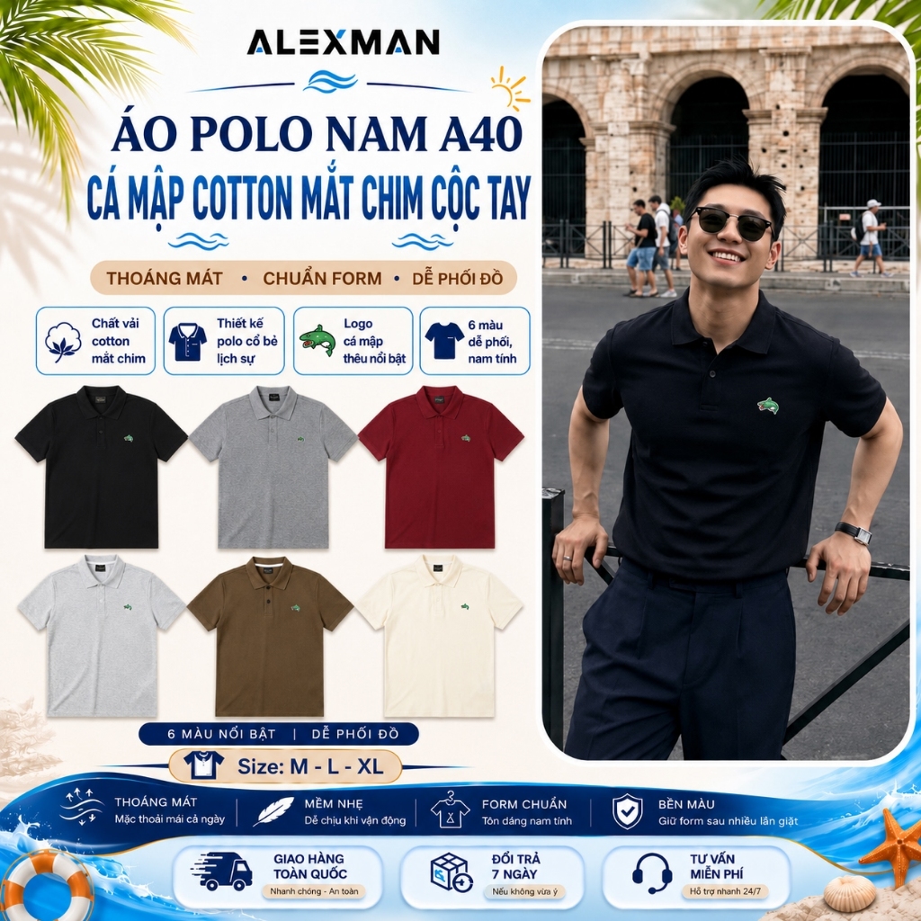 Áo Polo Nam A40 Cá Mập Cotton Mắt Chim Cộc Tay Form Đẹp Cao Cấp - ALEXMAN