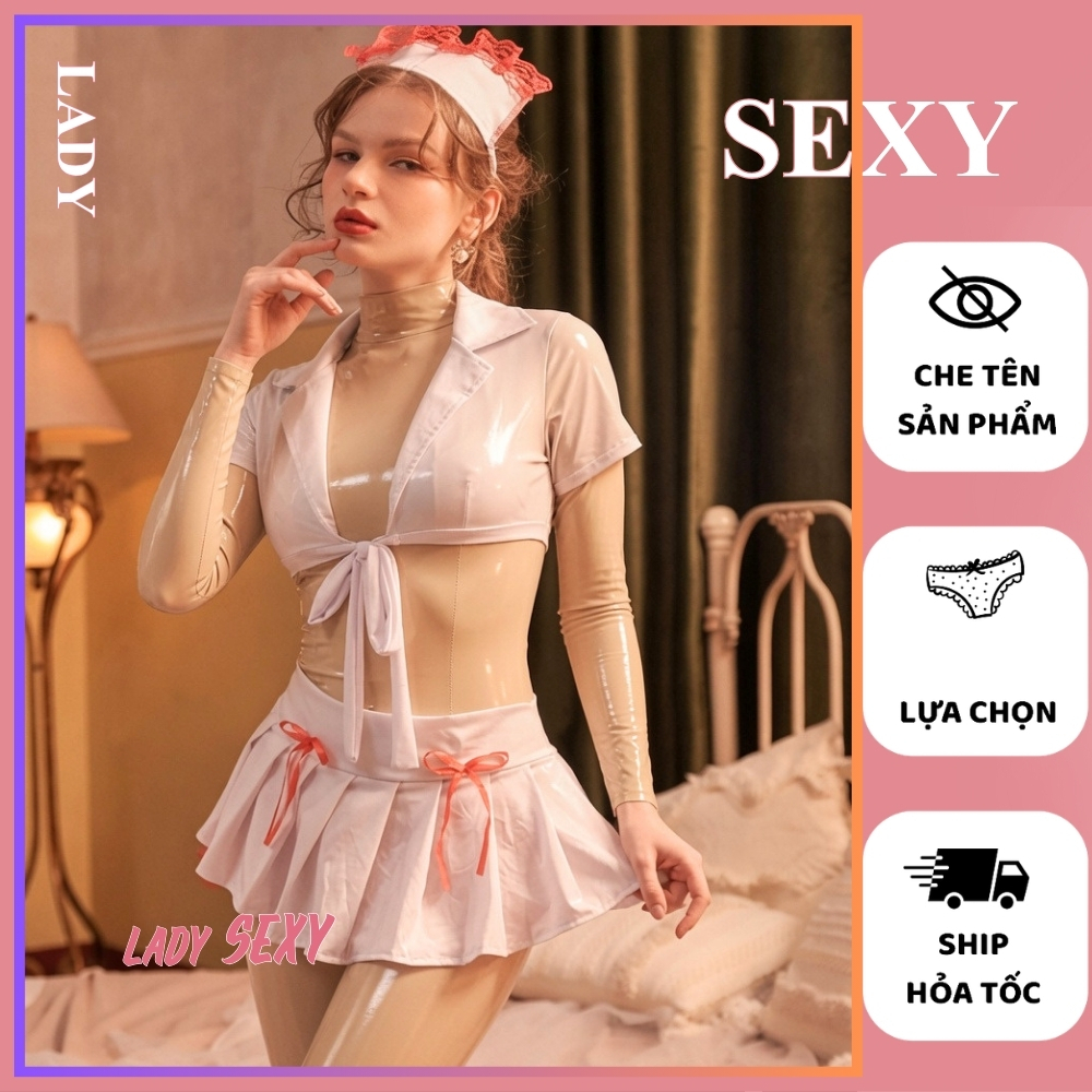 Set Váy Ngủ Nữ Sexy DN73 Cosplay Nurse Cổ Vest Hở Eo Xếp Ly Đỏ Trắng Nón Y Tá Form Ôm Body Quyến Rũ