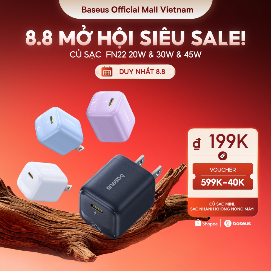 Củ Sạc Nhanh Baseus EnerFill FN22 20W & 30W & 45W GaN USB-C PD 3.0 – Nhỏ Hơn 30%, Sạc Nhanh Gấp 176% Vẫn Mát Lạnh