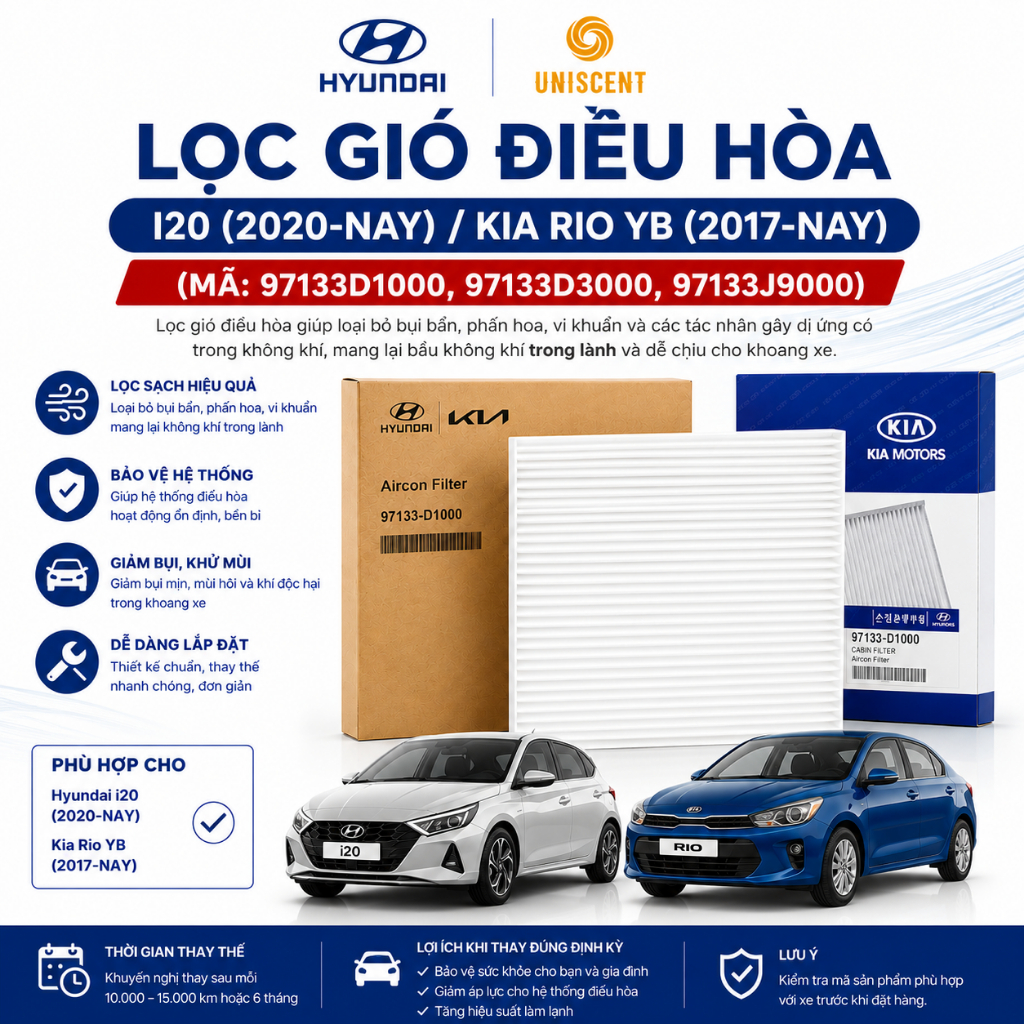 Lọc Gió Điều Hòa I20 (2020-Nay)/ Kia Rio YB (2017-Nay)/ (Mã: 97133D1000, 97133D3000, 97133J9000)