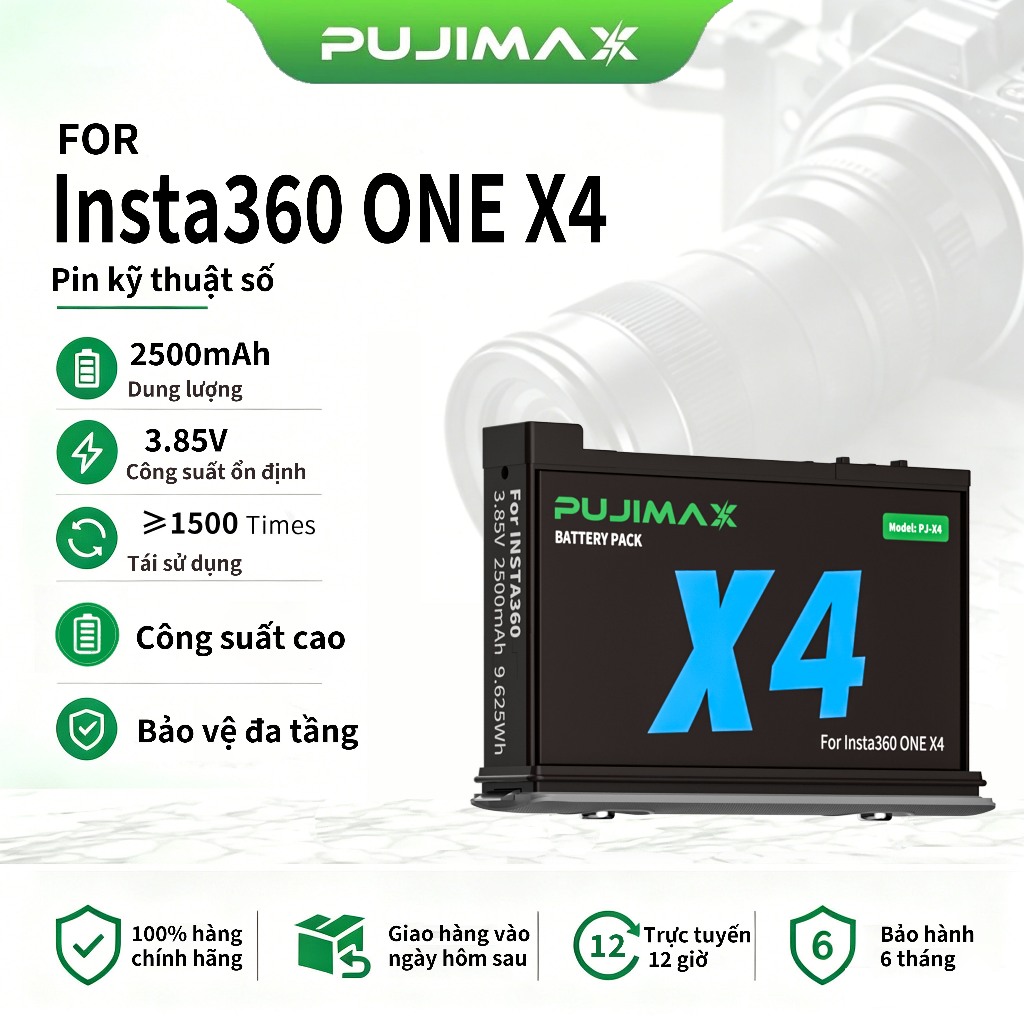 Pin sạc máy ảnh PUJIMAX Insta360 X4 2500mAh pin thay thế dung lượng cao cho camera Insta360 ONE X4