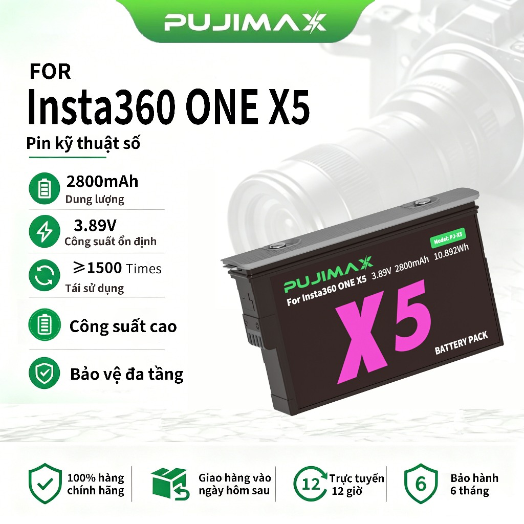 Pin sạc máy ảnh PUJIMAX Insta360 X5 2800mAh dung lượng cao pin thay thế cho camera Insta360 X5