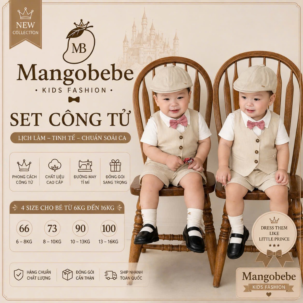 Set công tử tone be nơ hồng 4CT áo gile  quần nơ  cho bé trai - MANGOBEBE