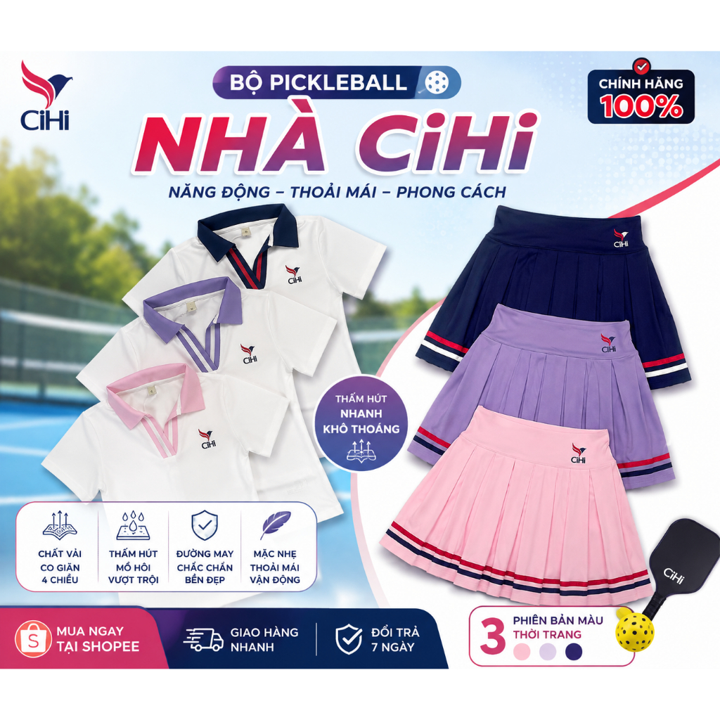 Bộ Đồ Pickleball Nữ CiHi  – Áo Polo + Chân Váy Xếp Ly Thể Thao Cao Cấp