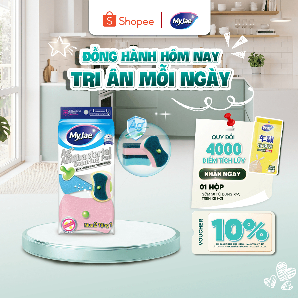 Miếng bọt biển rửa chén kháng khuẩn MyJae an toàn bền bỉ (3 miếng/gói)
