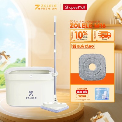 Bộ cây lau nhà ZOLELE 360 độ tự vắt 2 ngăn tách riêng nước bẩn M16 Trắng Kem (Phiên bảng giới hạn)