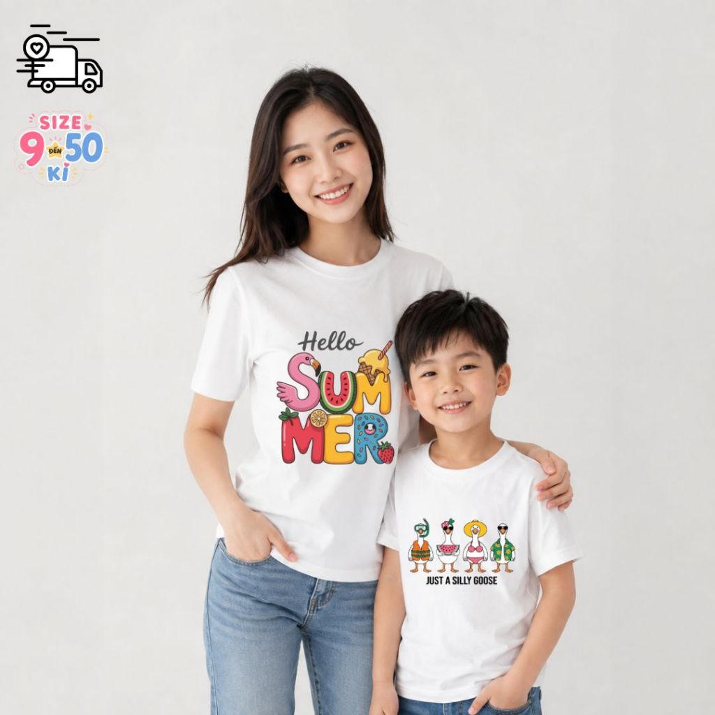 Áo thun ngắn tay chất cotton cho Trẻ em và người lớn đi biển đủ size