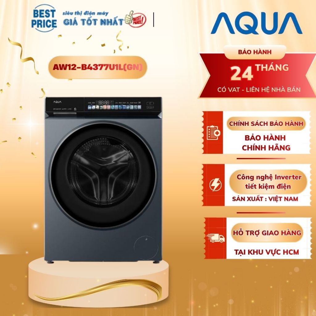 Máy Giặt Aqua Inverter 12kg AW12-B4377U1L(GN) Cửa Ngang DD Motor, Giặt Thông minh AI