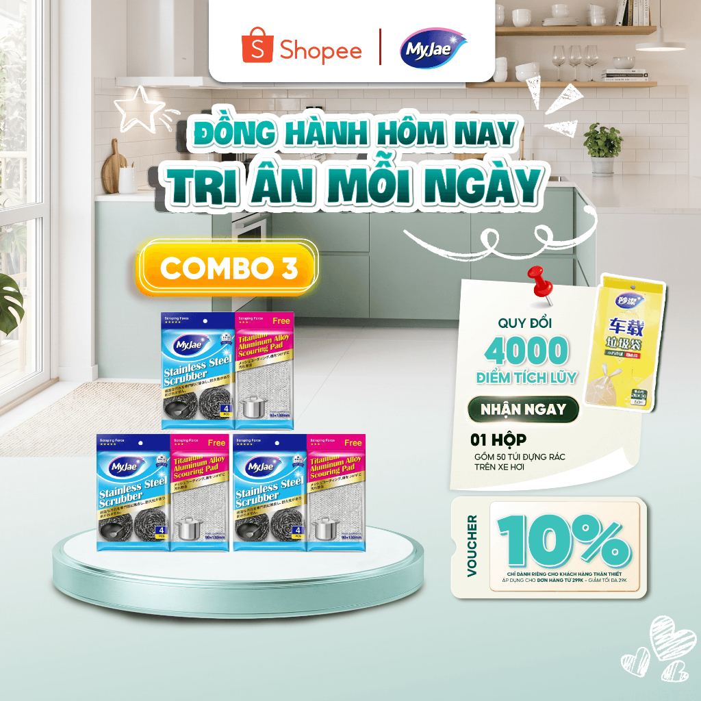COMBO 3 Bịch Búi Sắt Cọ Xoong Nồi KÈM Miếng Chà Nồi Đa Năng MyJae