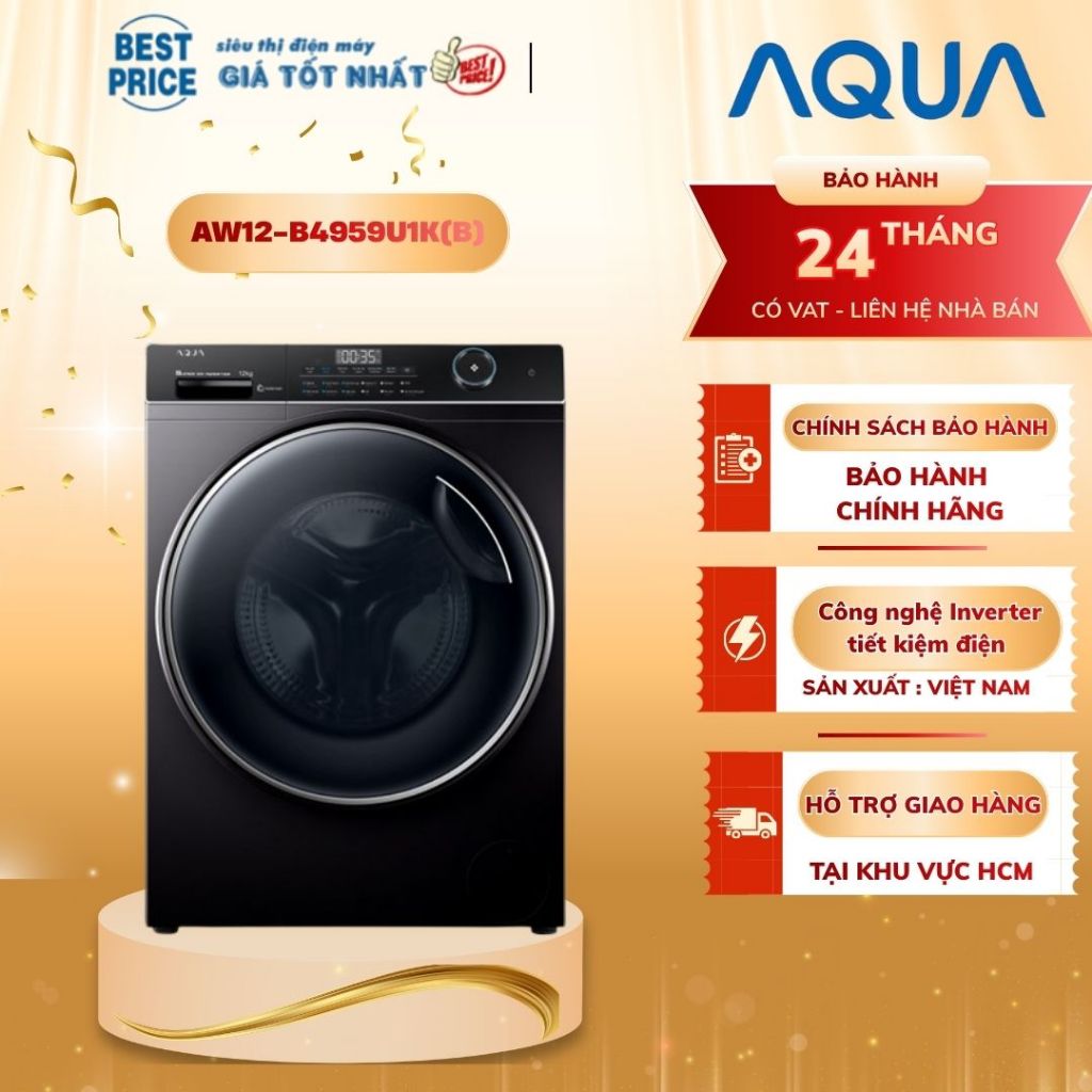 AW12-B4959U1K(B) Máy Giặt Aqua 12kg Inverter Lồng Ngang Refresh, AI Cân Bằng, Wifi - Hàng Chính Hãng