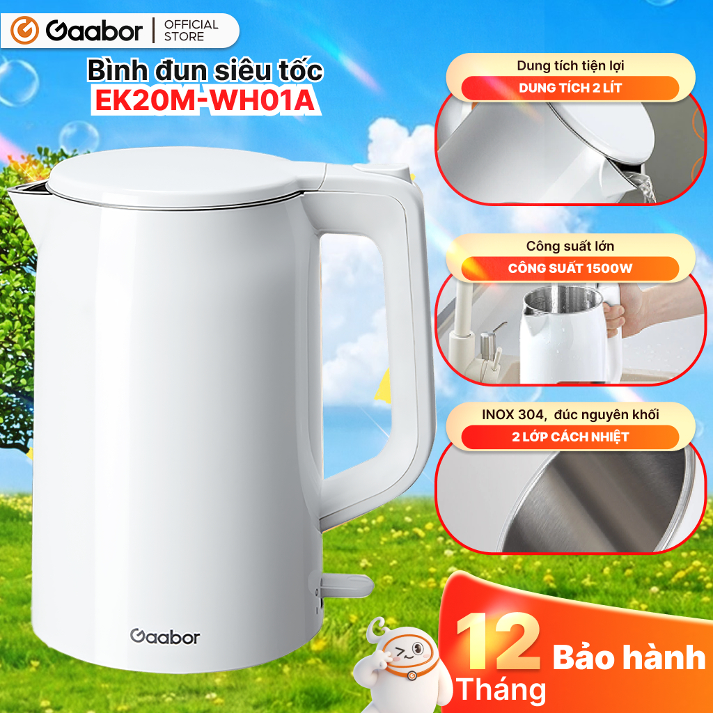 Gaabor Ấm siêu tốc 2L EK20M-WH01A bình đun công suất 1500W cao cấp ấm đun inbox 304 cách nhiệt [L]