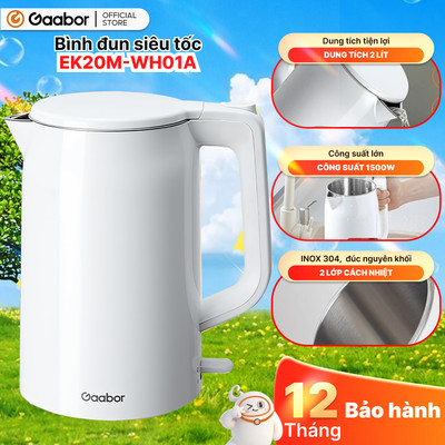 Ấm đun siêu tốc 2L Gaabor EK20M-WH01A bình đun công suất 1500W cao cấp ấm đun inbox 304 cách nhiệt
