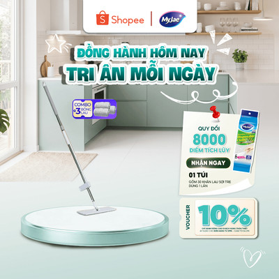 Combo 3 bông + Cây Lau Nhà 125cm MyJae Đài Loan Sợi Polyester Kéo Vắt Thông Minh 360 Độ