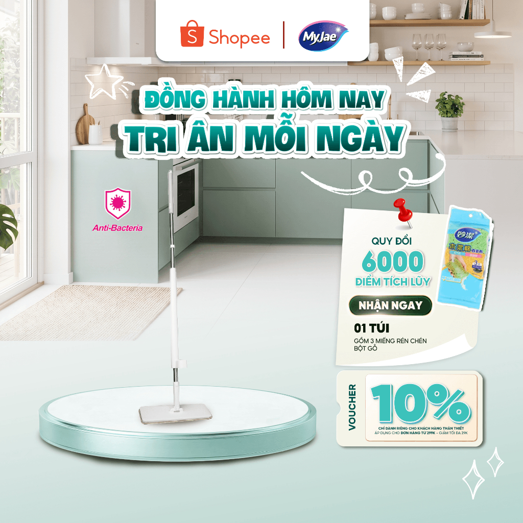 Cây Lau Nhà MyJae Sợi Microfiber Tự Vắt Kháng Khuẩn Ag+ 120cm