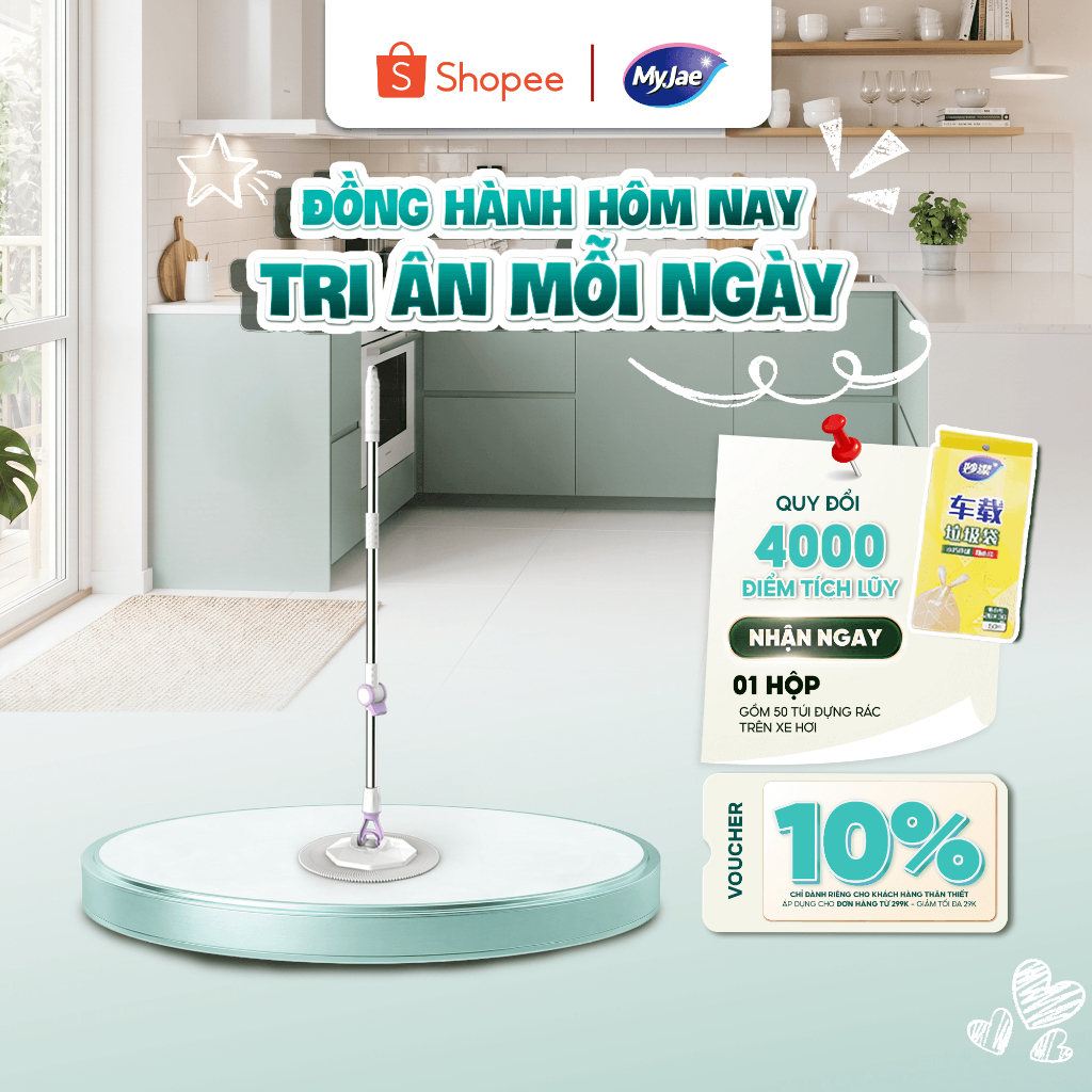 Cây Lau Nhà Đơn MyJae Sợi Microfiber Xoay 360 Độ Phù Hợp Cho Nhiều Loại Thùng Lau Dài 134
