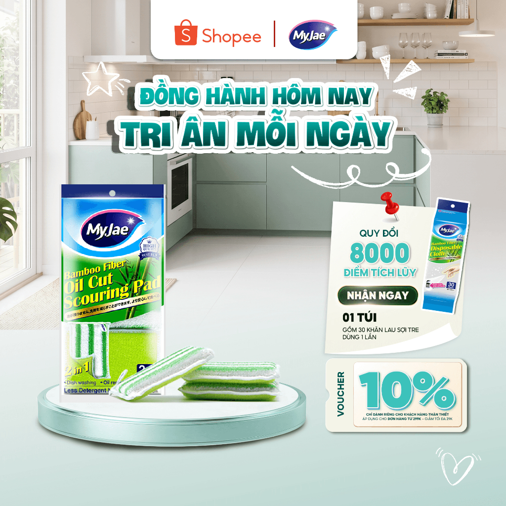 COMBO 3 Miếng rửa chén đa năng sợi tre MyJae,miếng rửa chén chống xước 2 mặt, siêu bền đánh bay dầu