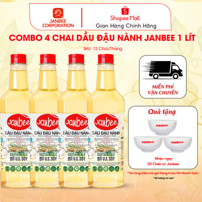Dầu Đậu Nành Janbee Combo 4 Chai 1 Lít - Nguyên Chất 100%, Không Trans Fat, Tốt Cho Tim Mạch