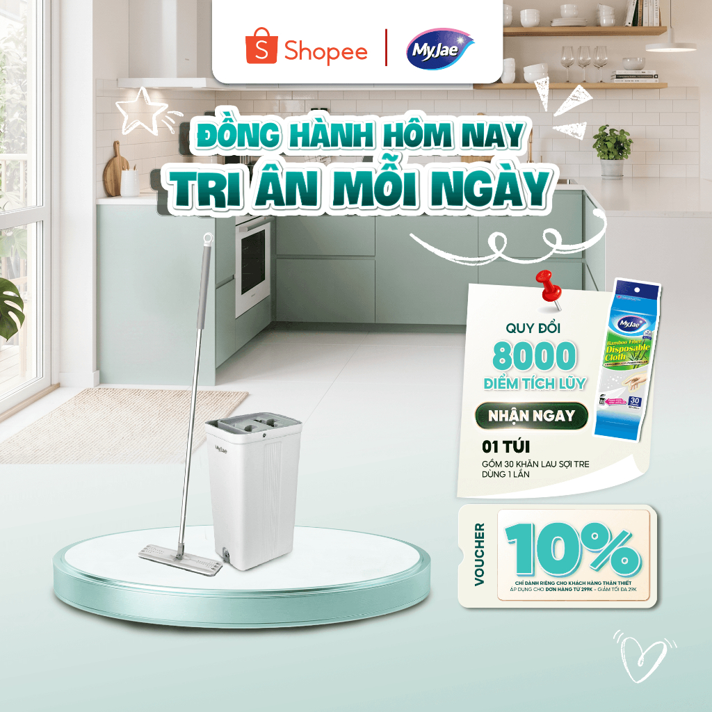 Cây lau nhà tự vắt thông minh xoay 360 độ MyJae kèm thùng 2 ngăn sàn nhà sạch nhanh khô thoáng