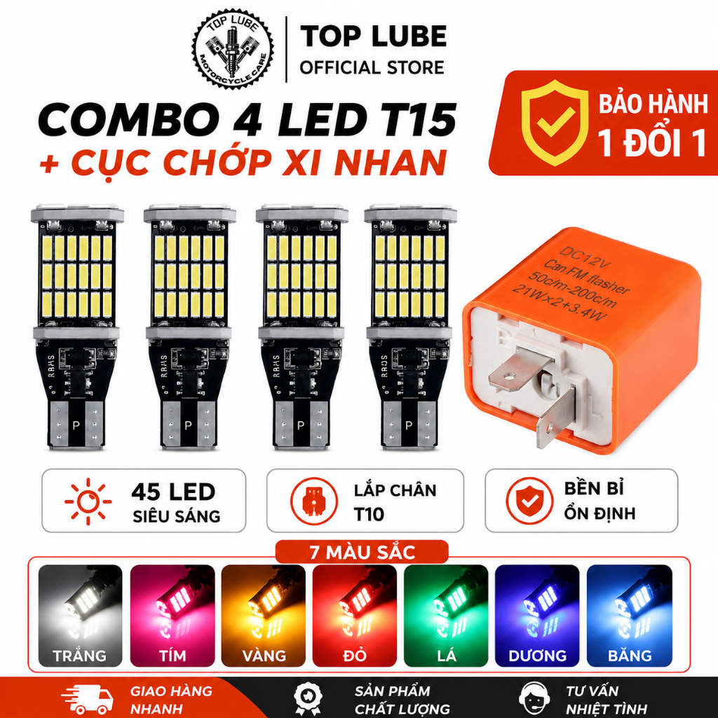 COMBO 4, ĐÈN LED T15 T10 Gắn XI NHAN Sáng Mạnh + CỤC CHỚP NHANH XI NHAN Cho Xe Máy