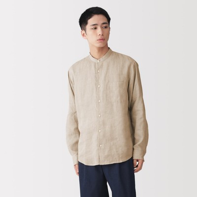 [26AW] MUJI Áo Sơ Mi Nam Vải Washed Linen Cổ Trụ Tay Dài