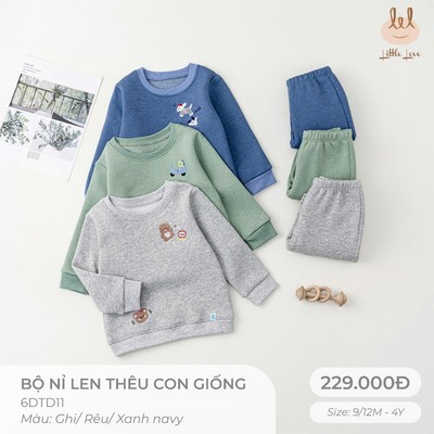 Bộ nỉ dài tay thêu dành cho bé Lil Little Love [ nỉ dày dặn - giữ ấm tốt ] Size 6M - 4Y (6DTD11)