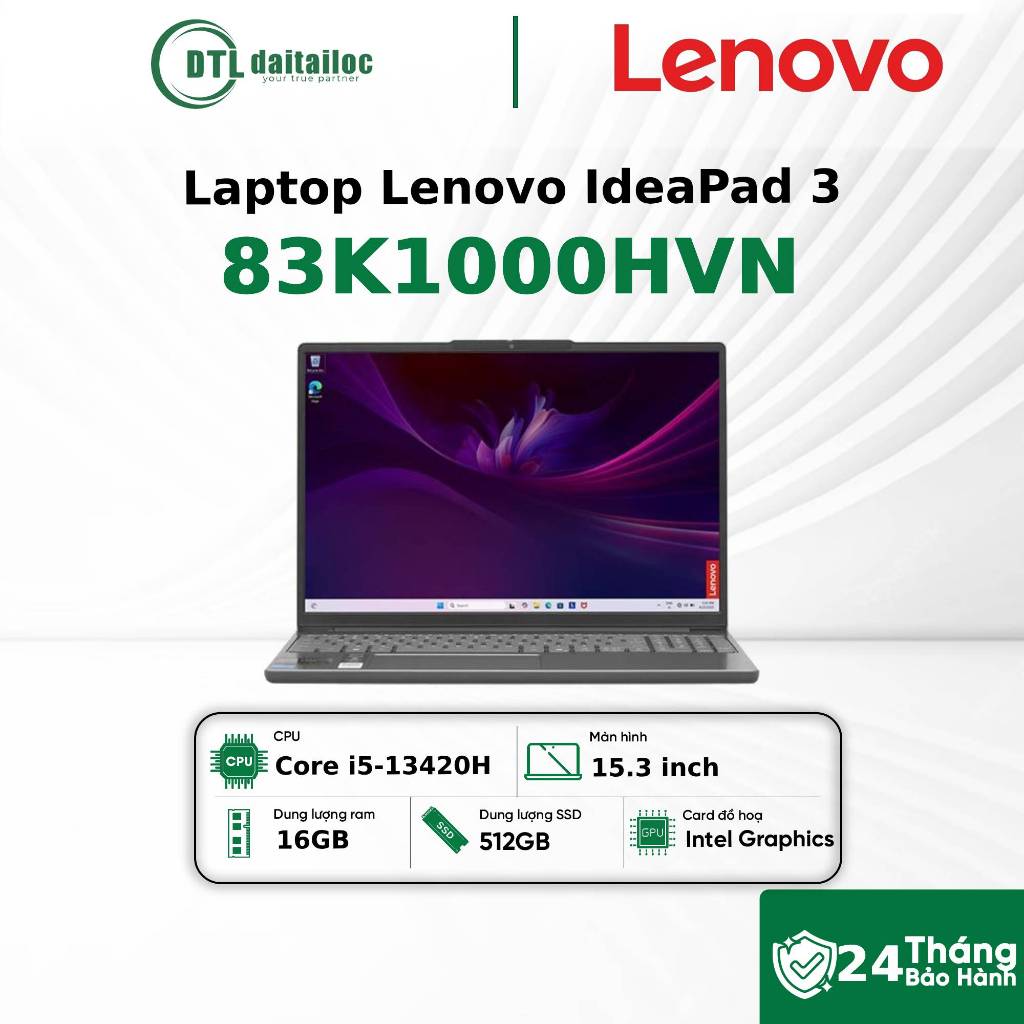 Laptop Lenovo IdeaPad 3 15IRH10 83K1000HVN Core i5-13420H 16GB 512GB SSD 15.3 inch WUXGA IPS Win 11 