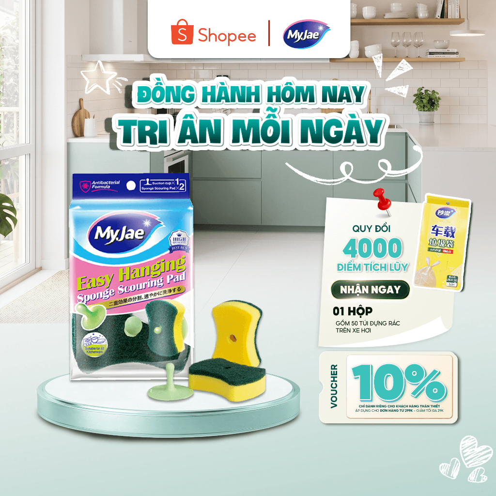 Miếng bọt biển rửa chén MyJae 2 mặt, mút xốp rửa bát đa năng kèm miếng nhựa hít kê (2 miếng/gói)