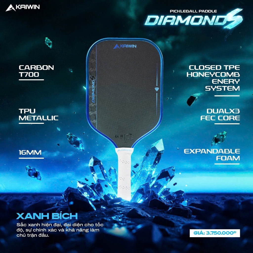 [KAIWIN] VỢT PICKLEBALL KAIWIN DIAMOND S - TẶNG KÈM MŨ - TẶNG CUỐN CÁN DÁN VIỀN
