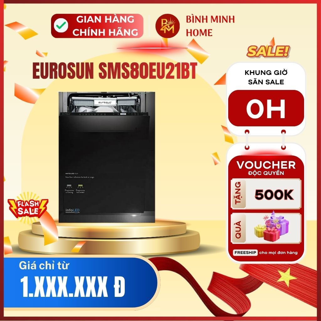 Máy rửa bát âm toàn phần Eurosun SMS80EU21BT Serial 8, máy rửa bát 15 bộ, động cơ BLDC Inverter
