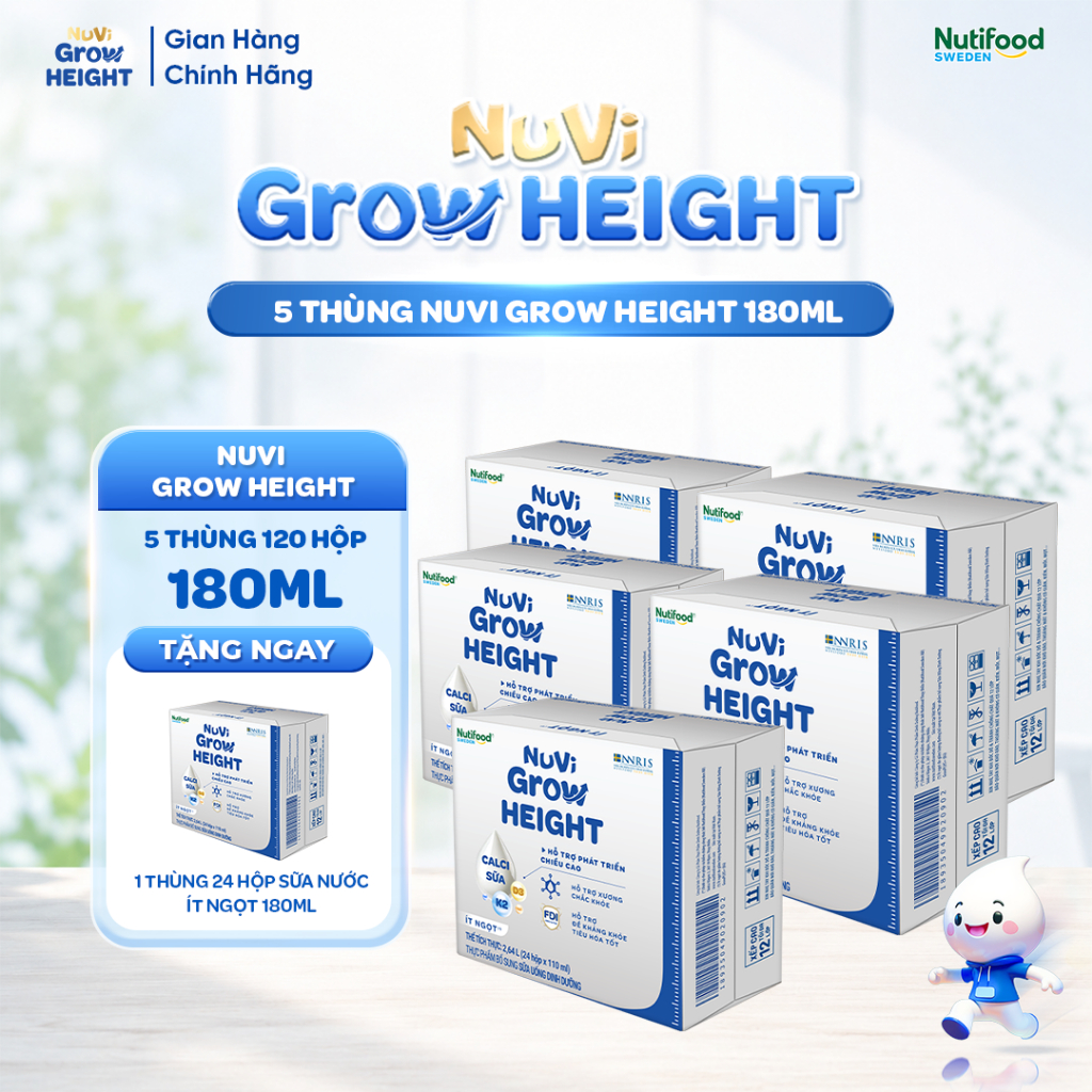 Sữa Nước Nuvi Grow Height ( 5 Thùng Tặng 1 Thùng Ít Ngọt 180ml)- Hộ Trợ Phát Triển Chiều Cao