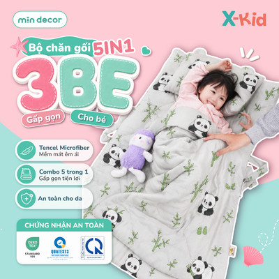 [HOẢ TỐC] Bộ Chăn Gối 5IN1 Tencel Microfiber 3Be Mịn Decor, Bộ Chăn Đệm Gối Gấp Gọn Cho Bé Mầm Non