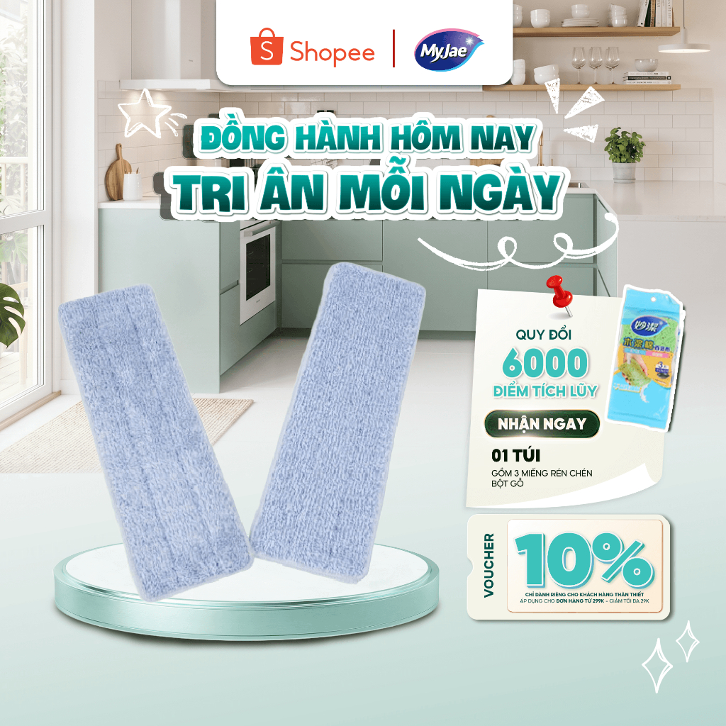 36CM-Bông Lau Thay Thế Cây Lau Nhà MyJae Đài Loan Sợi Polyester Kéo Vắt Thông Minh 360 Độ 125 cm