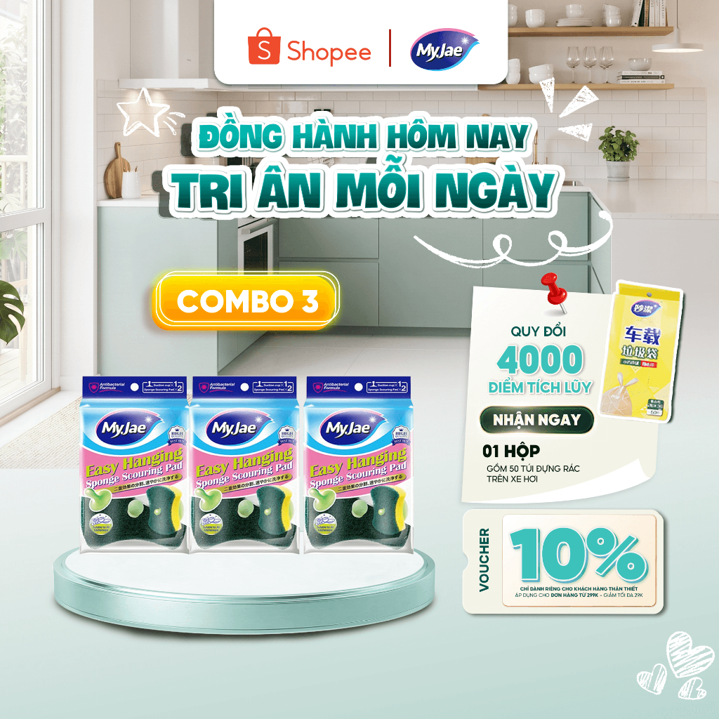 [DAILY LIVE T8]  Combo 3 Bịch Miếng bọt biển rửa chén MyJae 2 mặt, mút xốp rửa bát đa năng