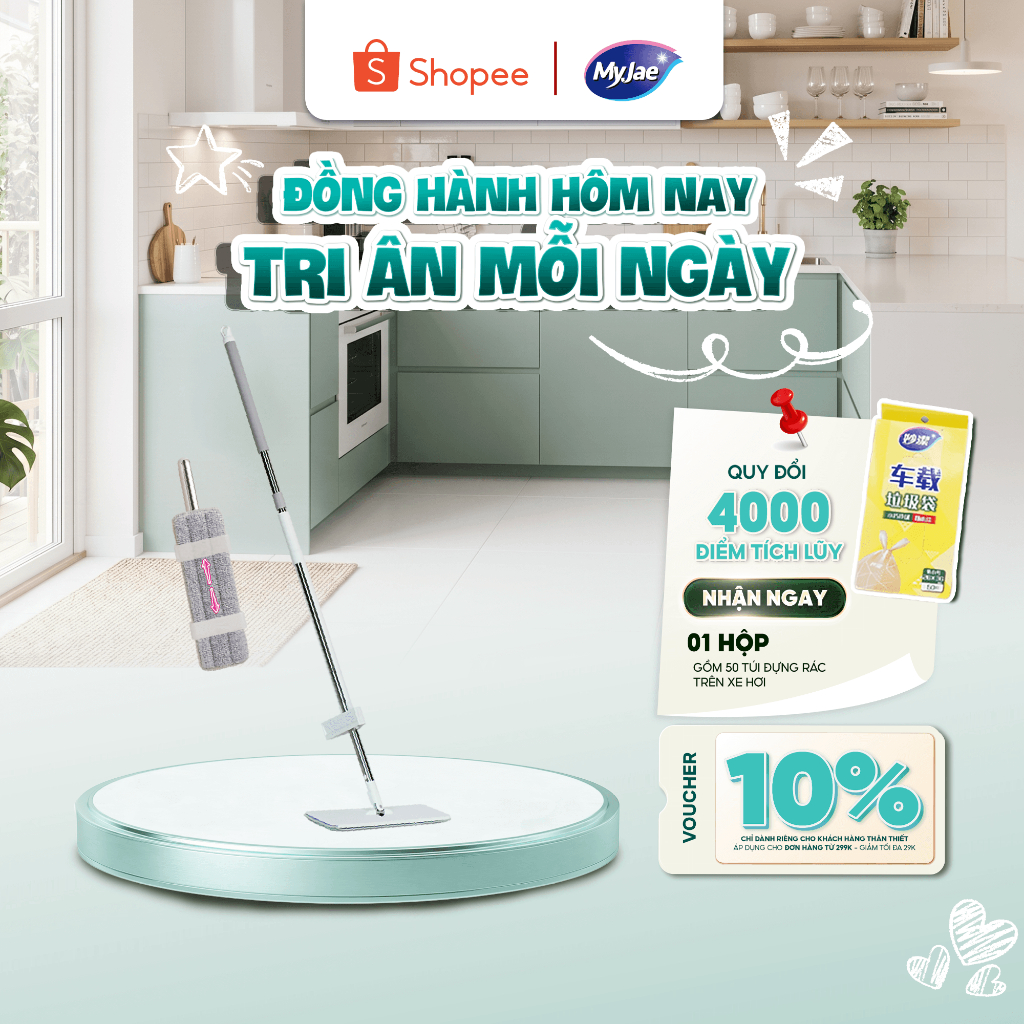 Cây Lau Nhà MyJae Đài Loan Sợi Polyester Kéo Vắt Thông Minh 360 Độ 125cm Tiện Lợi