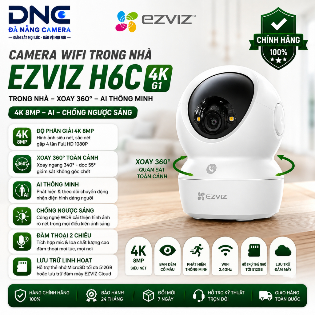 [4K] Camera Wifi Ezviz H6C 4K G1, Trong Nhà Xoay 360 Độ, AI Ảnh Siêu Nét, Chóng Ngược Sáng