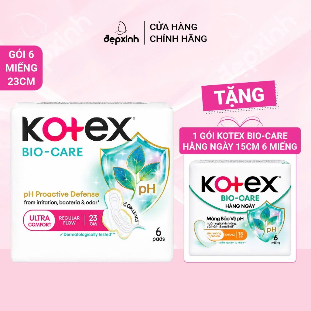 [1 tặng 1 hằng ngày] Băng vệ sinh Kotex Biocare Ban Ngày siêu mỏng cánh 23cm - 6 miếng/gói