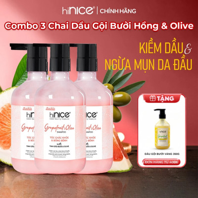 [Mua 3 Tặng 1] Combo 3 Chai Dầu Gội Tinh Dầu Bưởi Hồng Olive hiNICE Grapefruit Hỗ Trợ Giảm Mụn Da Đầu 435G