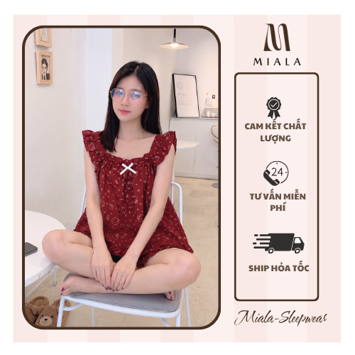 Set đồ ngủ 2 dây MIALA babydoll mặc nhà cổ nơ tiểu thư, vải đũi.