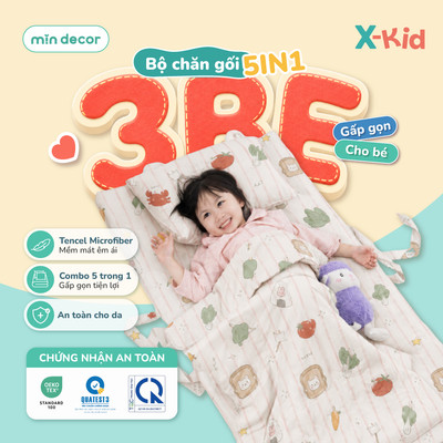 Bộ Nệm Chăn Cho Bé Tencel Microfiber 3Be Mịn Decor, Chăn Gối Gấp Gọn Bé Mầm Non 70x120cm