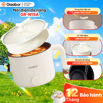 Nồi điện đa năng Gaabor GR-N15A lẩu điện 1.5L chống dính công suất 600W ăn mì nấu lẩu kèm xửng hấp